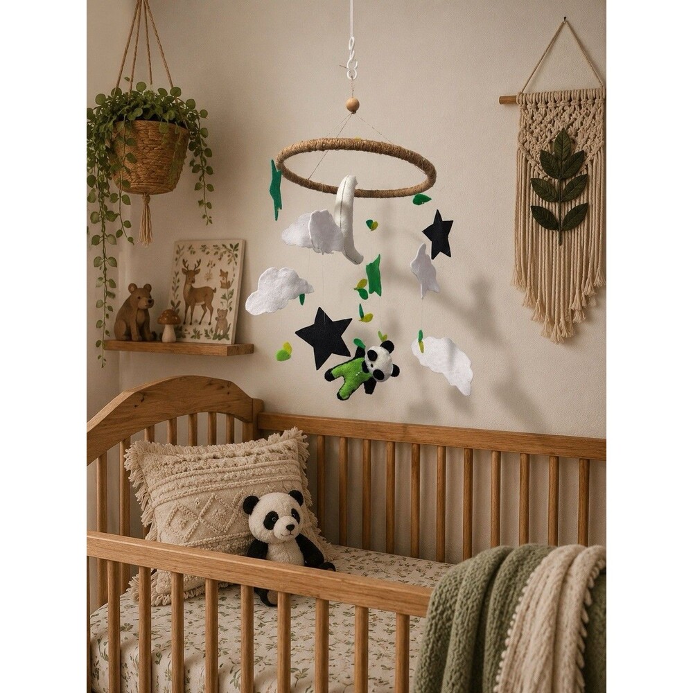 Panda and Moon/Clouds/Star Boho Felt Mobile | Baby Shower | Nursery Decor